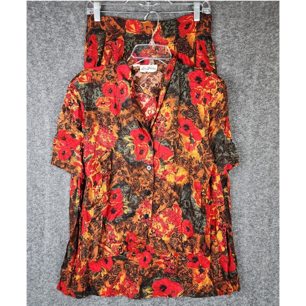 Lee Winter Skirt Set Womens 12 Vintage Poppy Floral Red Orange 2 Piece EUC